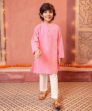 Babyhug Schiffly Embroidered Full Sleeves Kurta With Payjama Set- Peach & White