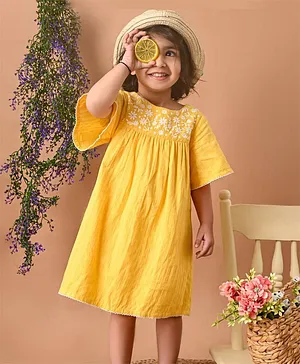 Beebay Half Bell Sleeves Floral Yoke Embroidered & Dobby Work Detailed Flared Dress - Yellow