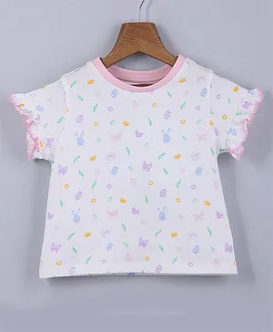 Beebay Short Sleeves Duck Bunny Butterfly Printed Knit Top - White
