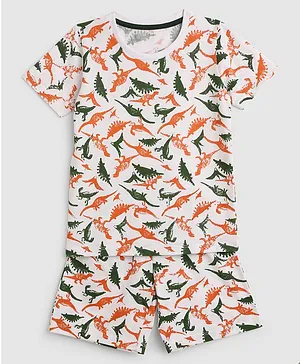 KIDSCRAFT Half Sleeves Seamless Wild Dinosaurs Printed Tee With Coordinating Shorts - White