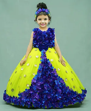 Li&Li BOUTIQUE Sleeveless Rosette Corsage Applique Sequins Embellished Ball Gown - Lime Green, Blue & Purple