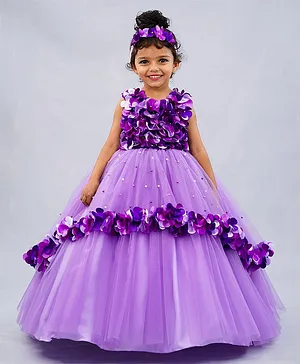 Li&Li BOUTIQUE Sleeveless Rosette Corsage Applique Pearl Embellished High Low Ruffled Ball Gown - Lavender & Purple