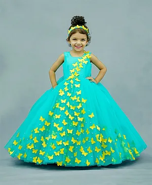 Li&Li BOUTIQUE Sleeveless Spreaded 3D Butterfly Applique & Pearl Embellished Fit & Flare Gown - Blue