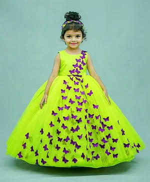 Li&Li BOUTIQUE Sleeveless Spreaded 3D Butterfly Applique & Pearl Embellished Fit & Flare Gown - Lime Green