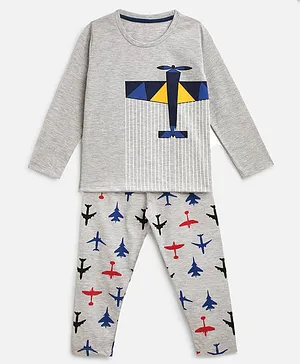 KIDSCRAFT Full Sleeves Airplane Printed & Striped Tee With Coordinating Pyjama - Grey