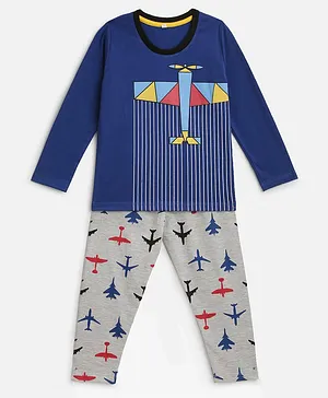 KIDSCRAFT Full Sleeves Aeroplane Printed & Placement Striped Tee With Coordinating Pyjama - Blue