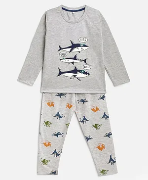 KIDSCRAFT Full Sleeves Sea Life Theme Shark Printed Night Suit - Grey