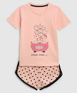 KIDSCRAFT Half Sleeves Baby Animals Driving Car Tee With Polka Dot Printed Curved Hem Shorts - Pink