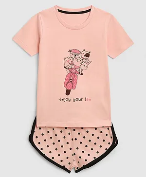 KIDSCRAFT Half Sleeves Baby Animals Riding Scooty Tee With Polka Dot Printed Curved Hem Shorts - Pink