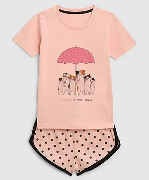 KIDSCRAFT Half Sleeves Kittens Under Umbrella Printed Tee With Polka Dot Printed Curved Hem Shorts - Pink