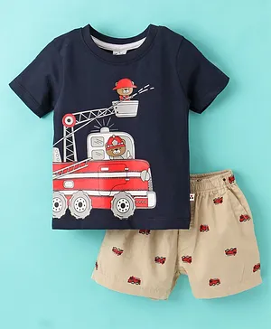 Simply Cotton Half Sleeves Twill Shorts Sets Firefighter Teddy Print - Navy Blue & Beige