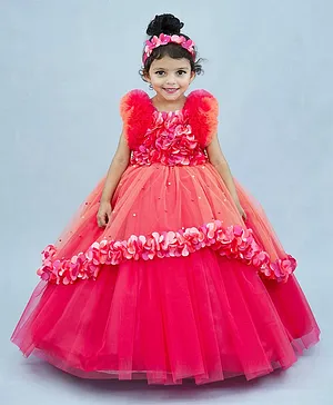 Li&Li BOUTIQUE Short Frill Sleeves Rosette Bodice Ruffle Hem and Layered High Low Party Gown - Pink & Peach