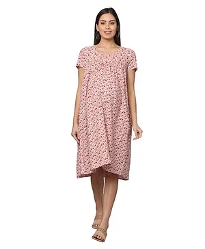Morph Maternity Half Sleeves Floral Botanical Printed Maternity Feeding Dress With Hidden Zip  - Beige