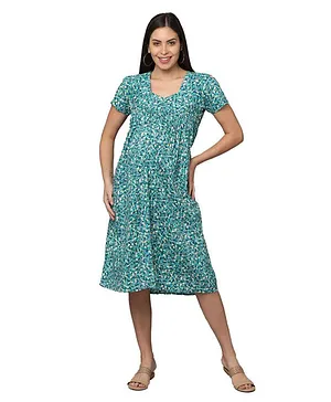 Morph Maternity Half Sleeves Forest Floral Botanical Theme Printed Maternity Feeding Dress With Hidden Zip - Green
