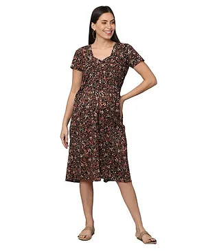 Morph Maternity Half Sleeves Forest Floral Botanical Theme Printed Maternity Feeding Dress With Hidden Zip  - Black