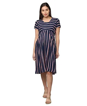 Morph Maternity Half Sleeves Awning Double Striped Box Pleated Maternity Feeding Dress With Hidden Zip - Navy Blue