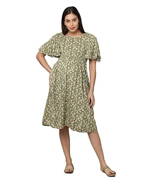 Morph Maternity Flutter Half Sleeves Ditsy Floral Printed Fit & Gathered Maternity Dress With Vertical Concealed Zipper Maternity Access - Light Green