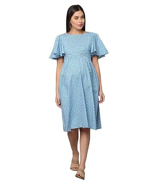 Morph Maternity Flutter Half Sleeves Graph Checkered Fit & Gathered Maternity Dress With Vertical Concealed Zipper Maternity Access - Blue & White