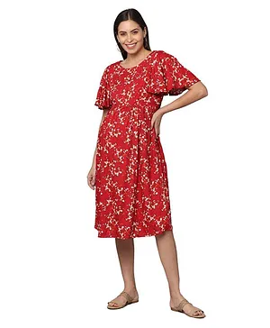 Morph Maternity Flutter Half Sleeves Vintage Floral Printed Fit & Gathered Maternity Dress With Vertical Concealed Zipper Maternity Access - Red