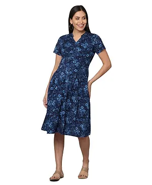 Morph Maternity Half Sleeves Seamless Floral Fit & Flare Maternity Dress With Hidden Vertical Concealed Zipper Feeding Access - Navy Blue