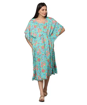 Morph Maternity Three Fourth Flutter Sleeves Floral Roses Printed Box Pleated Maternity Feeding Dress With Hidden Zip - Sky Blue