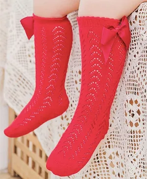 Flaunt Chic Mesh Design Detailed & Bow Embellished Socks - Red