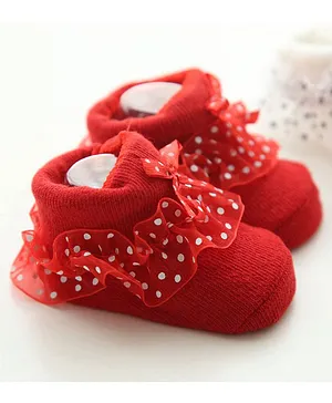 Flaunt Chic Polka Dot Lace Embellished Socks - Red