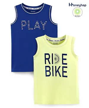 Honeyhap Premium 100% Cotton Sleeveless T-Shirt with Bio Finish Ride Bike Print Pack of 2 - Blue Quartz & Sunny Lime