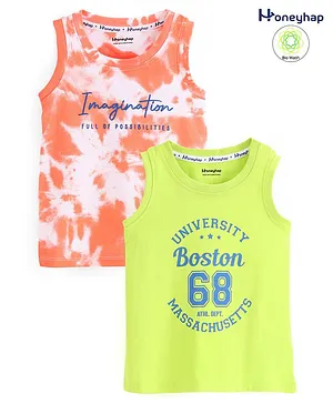 Honeyhap Premium Cotton Sleeveless Bio-Washed T-Shirt Text Printed Pack of 2 - Shadow Lime & Papaya