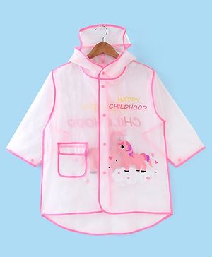 Babyhug Full Sleeves Hooded Raincoat Unicorn Print - Pink
