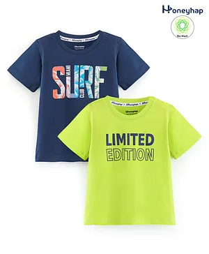 Honeyhap Premium 100% Cotton Half Sleeves Bio-Washed T-Shirt Text Print Pack of 2 - Lime Punch & Blue Opal