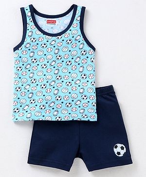 Babyhug 100% Cotton Knit Sleeveless Sando & Shorts Set Football Print - Navy