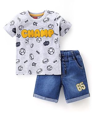 Babyhug Cotton Half Sleeves T-Shirt and Shorts with Goal Print and Champ Embellished - Blue & Melange
