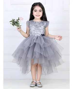 Toy Balloon Sleeveless Frilled Embroidered Corsage Applique Party Wear Dress - Grey