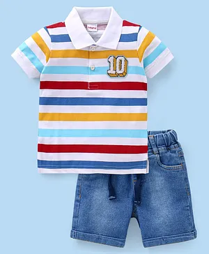 Babyhug Cotton Half Sleeves T-Shirt & Shorts Set Striped- White & Blue