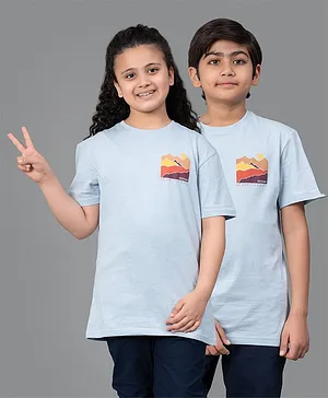 Red Tape Pure Cotton Half Sleeves Never Step Back Scenery Printed Unisex Tee - Blue
