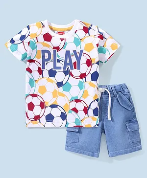 Babyhug Cotton Lycra Half Sleeves T-Shirt & Denim Shorts Set Football Print - Multicolor & Blue