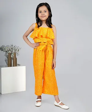 Jelly Jones Sleeveless Bandhej Designed Layered Top With Coordinating Culottes - Yellow