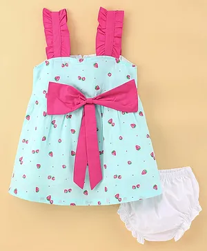 Dew Drops Sleeveless Frock with Bloomer Floral Print with Bow Applique - Blue