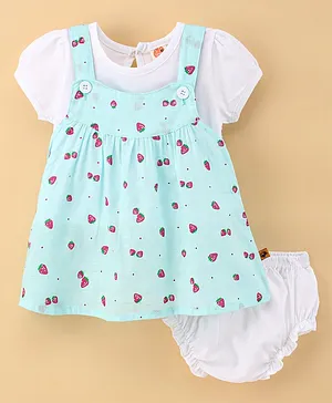 Dew Drops Cotton Half Sleeves Frock with Inner Tee & Bloomer Strawberry Print- Aqua Blue