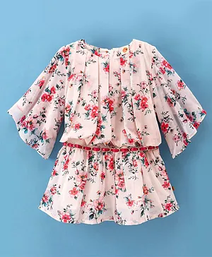 Dew Drops Chiffon Half Sleeves One Piece with Belt Floral Print - Beige