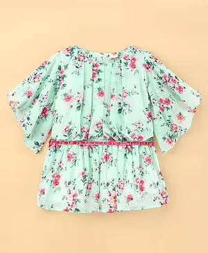 Dew Drops Chiffon Half Sleeves One Piece with Belt Floral Print - Blue