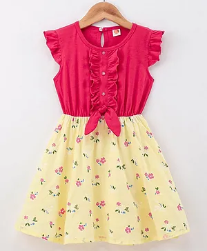 Dew Drops Cotton Knit Frill Sleeves Frock with Frill Detailing & Floral Print - Red & Yellow