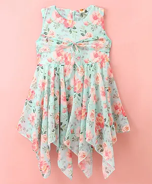 Dew Drops Chiffon Sleeveless One Piece Dress Floral Print - Aqua Blue