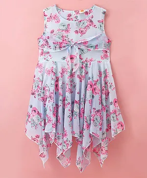 Dew Drops Chiffon Woven Sleeveless Frock with Knot Detailing & Floral Print - Aqua