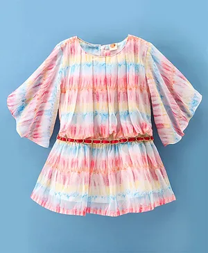 Dew Drops Chiffon Half Sleeves One Piece with Belt Abstract Print - Peach