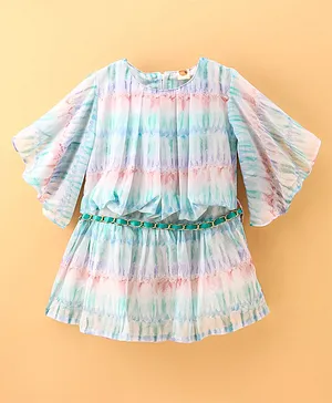 Dew Drops Chiffon Half Sleeves One Piece with Belt Abstract Print - Blue