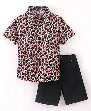 Knotty Kids Half Sleeves Seamless Cheetah Printed Shirt With Shorts - Brown & Black