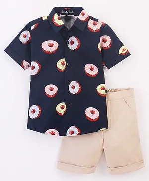 Knotty Kids Half Sleeves All Over Donuts Printed Shirt With Shorts - Blue