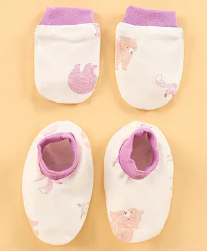 Ohms Cotton Knit Mittens And Booties Teddy Print - Beige & Pink